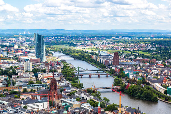 Summer view of the financial district in Frankfurt, Germany