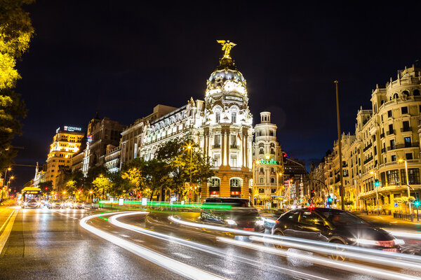 MADRID, SPAIN - JULY 11: Metropolis hotel in Madrid in a beautiful summer night on July 11, 2014 in Madrid, Spain