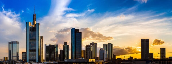 Panoramic view of Frankfurt with Hauptwachen at sunset, Germany