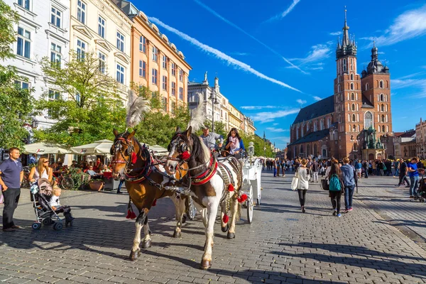 Carruaje de caballos en la plaza principal de Cracovia — Foto de Stock