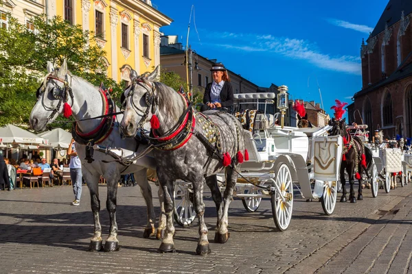 Carruagens de cavalos na praça principal em Cracóvia — Fotografia de Stock