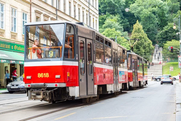 Tram at old street in Prague — Stock Photo, Image