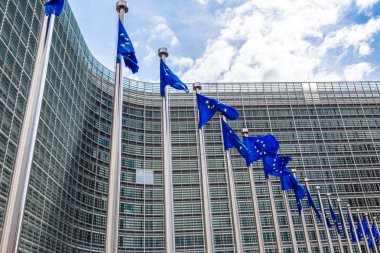 European flags in front of  headquarters of European commission
