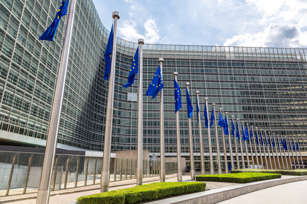 European flags in front of  headquarters of European commission