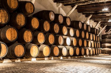 Barrels in  wine cellar in Porto