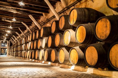 Barrels in  wine cellar in Porto