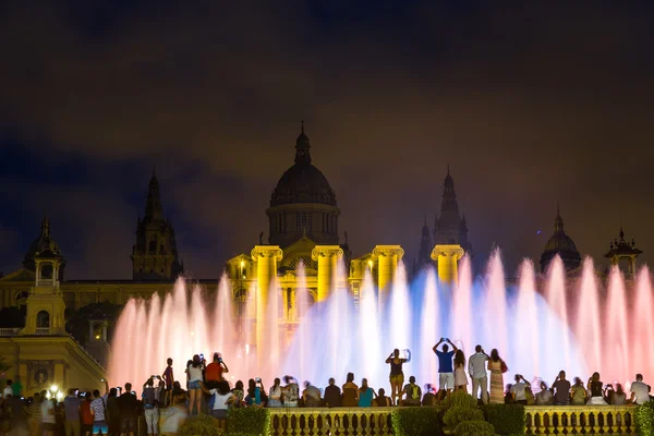 Fountain light show at night in Barcelona — Stok fotoğraf