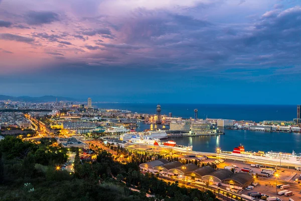 Night view of Barcelona and port — Stock Photo, Image