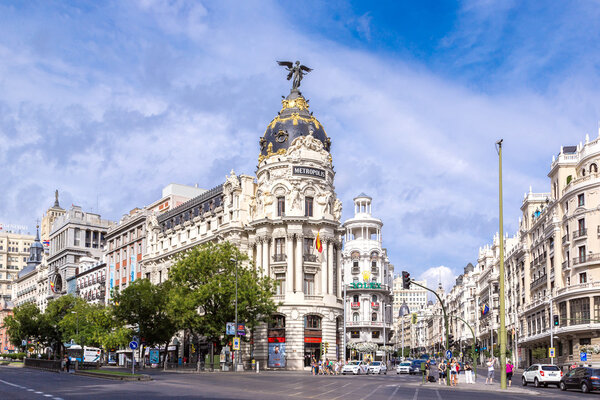 MADRID, SPAIN - JULY 11, 2014. Metropolis hotel in Madrid in beautiful summer day on July 11, 2014 in Madrid, Spain