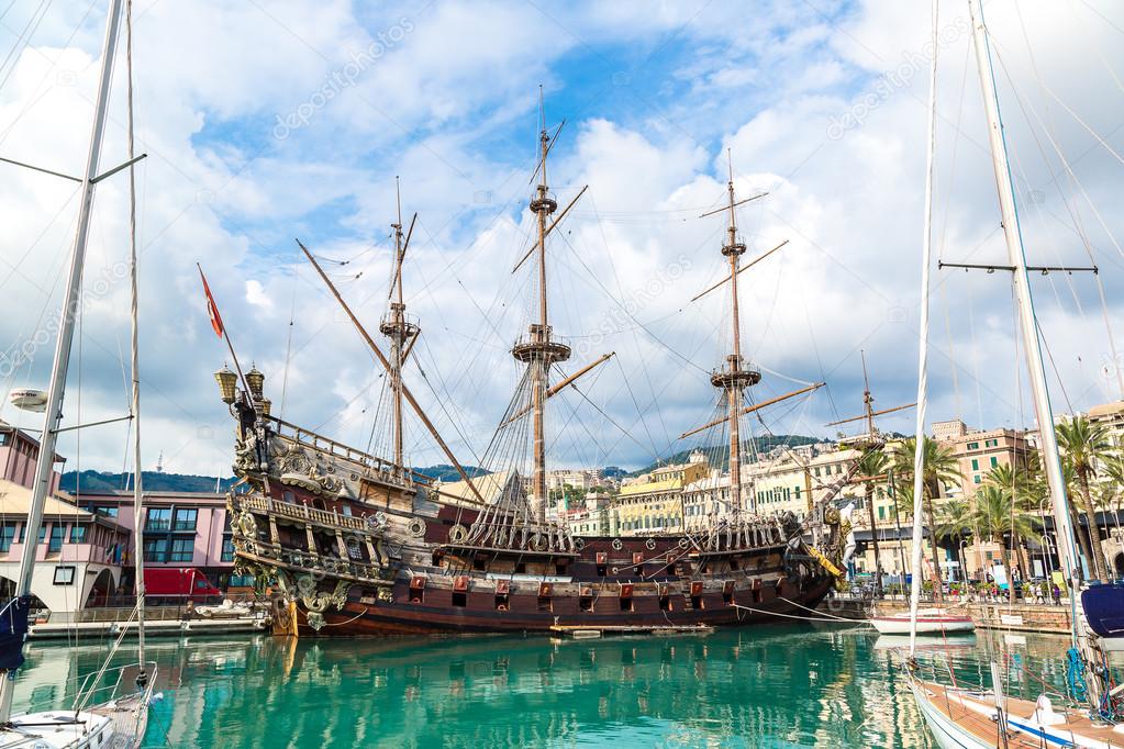 Old wooden ship in Genoa, Italy