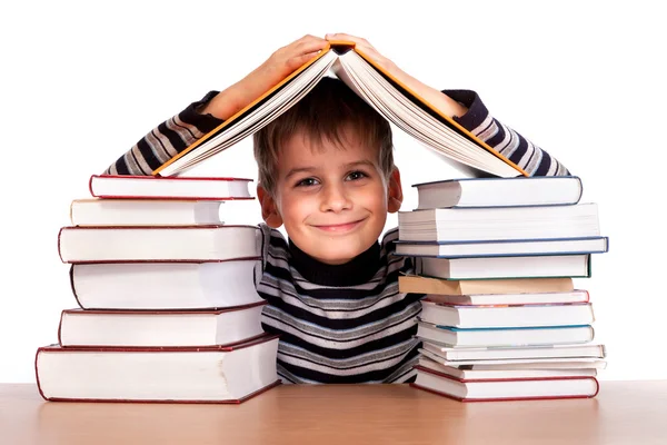 Schoolboy and a heap of books Royalty Free Stock Photos