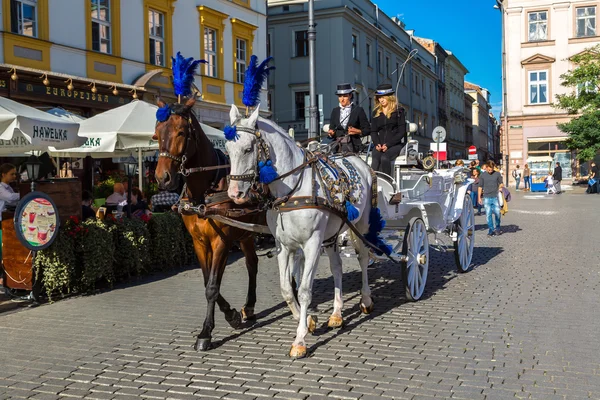 Hästvagnar vid stora torget i Krakow — Stockfoto