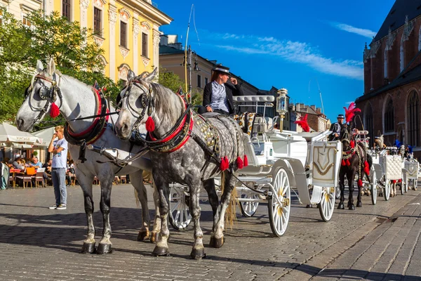 Hästvagnar vid stora torget i Krakow — Stockfoto