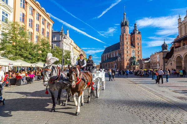 Lovas kocsik Krakkó főterén — Stock Fotó