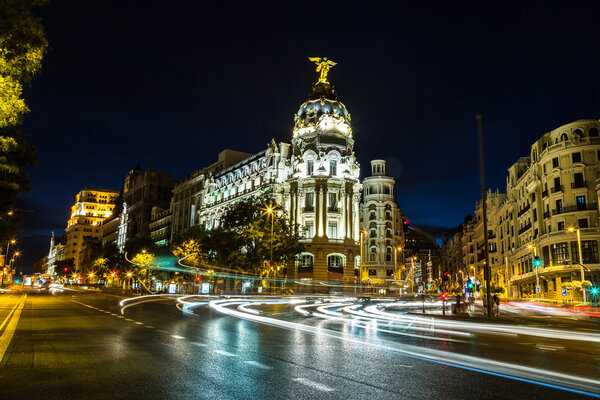 Metropolis hotel in Madrid in a beautiful summer night, Spain