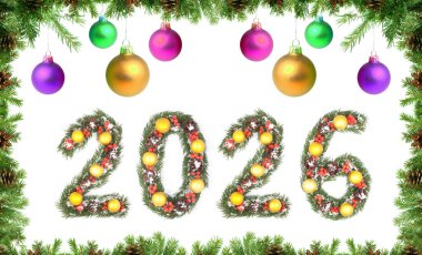 Noel Yeni Yıl 2026 Numarası Evergreen şubelerinden yapılmış. Beyaz bir arkaplanda izole edilmiş bayram şenlikli çam çerçevesi ile çevrili süslemeleri var.