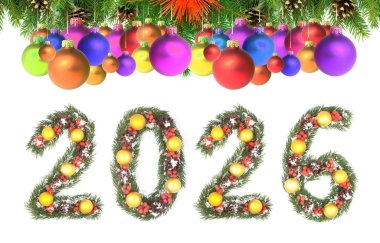 Noel Yeni Yıl 2026 Numarası Evergreen şubelerinden yapılmış. Beyaz bir arkaplanda izole edilmiş bayram şenlikli çam çerçevesi ile çevrili süslemeleri var.