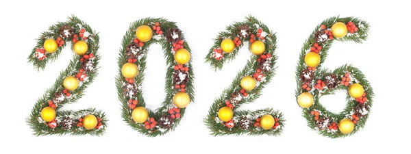 2026 Noel Yılbaşı Numarası Evergreen çam dallarından ve beyaz arka planda Tatil Süslemelerinden yapıldı