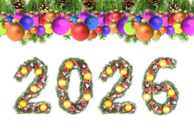 Noel Yeni Yıl 2026 Numarası Evergreen şubelerinden yapılmış. Beyaz bir arkaplanda izole edilmiş bayram şenlikli çam çerçevesi ile çevrili süslemeleri var.