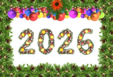 Noel Yeni Yıl 2026 Numarası Evergreen şubelerinden yapılmış. Beyaz bir arkaplanda izole edilmiş bayram şenlikli çam çerçevesi ile çevrili süslemeleri var.