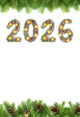 Noel Yeni Yıl 2026 Numarası Evergreen şubelerinden yapılmış. Beyaz bir arkaplanda izole edilmiş bayram şenlikli çam çerçevesi ile çevrili süslemeleri var.