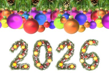 Noel Yeni Yıl 2026 Numarası Evergreen şubelerinden yapılmış. Beyaz bir arkaplanda izole edilmiş bayram şenlikli çam çerçevesi ile çevrili süslemeleri var.
