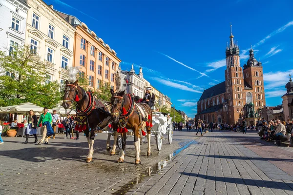 Carruaje de caballos en la plaza principal de Cracovia — Foto de Stock