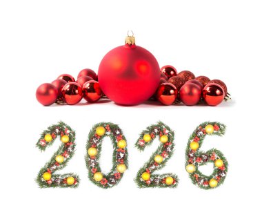 2026 Noel Yılbaşı Numarası Evergreen şubelerinden ve tatil süslemelerinden yapıldı. Beyaz arka planda büyük kırmızı bir takı var.