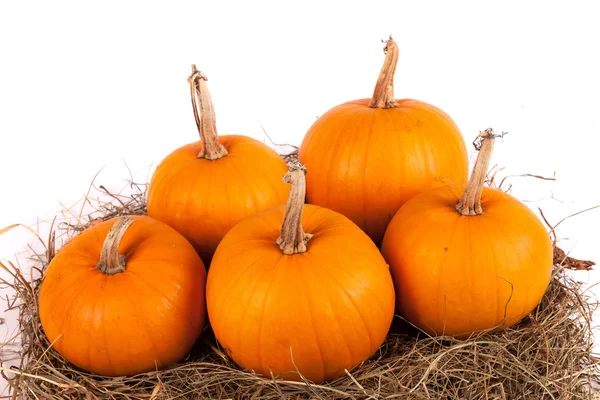 Pumpkins with straw on hay stack — Stock Photo, Image
