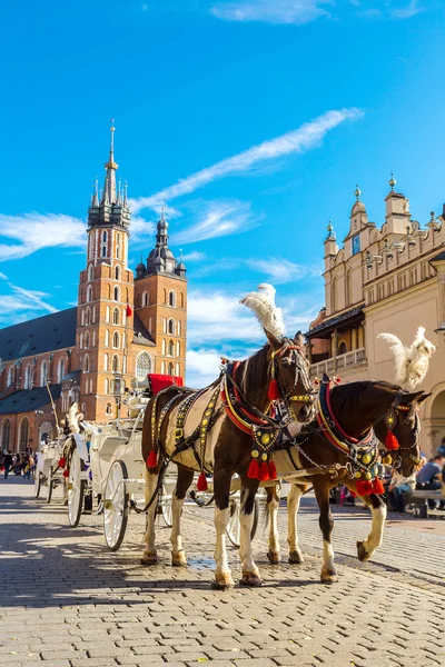 Carros de caballos en la plaza principal de Cracovia —  Fotos de Stock