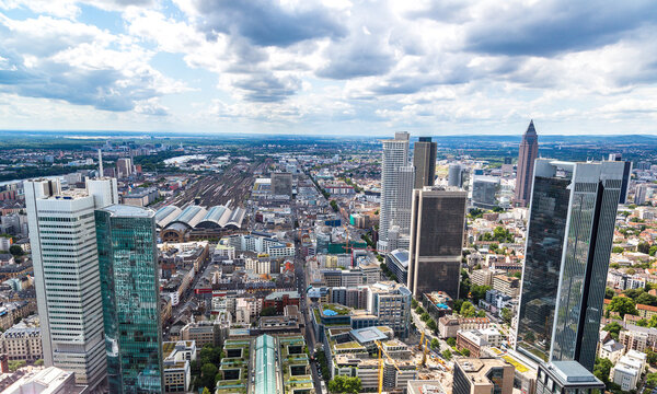 Summer panorama of the financial district in Frankfurt, Germany