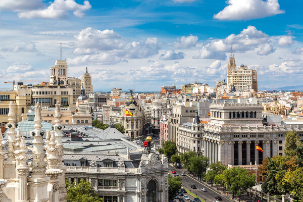 Aerial view Plaza de Cibeles in Madrid in a beautiful summer day, Spain