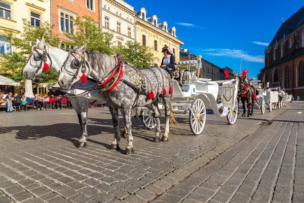 Hästvagnar vid stora torget i Krakow — Stockfoto