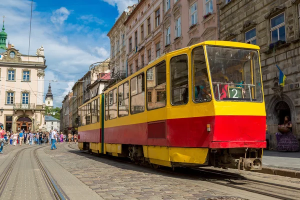 Old  tram in historic center of Lviv. — Stock Photo, Image