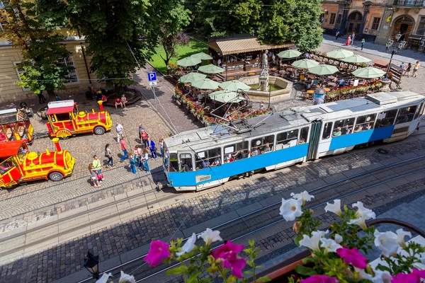 Old  tram in historic center of Lviv. — Stock Photo, Image