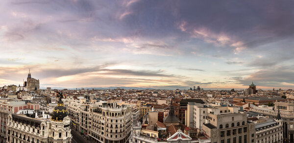 Panoramical aerial view of Madrid in a beautiful summer night, Spain