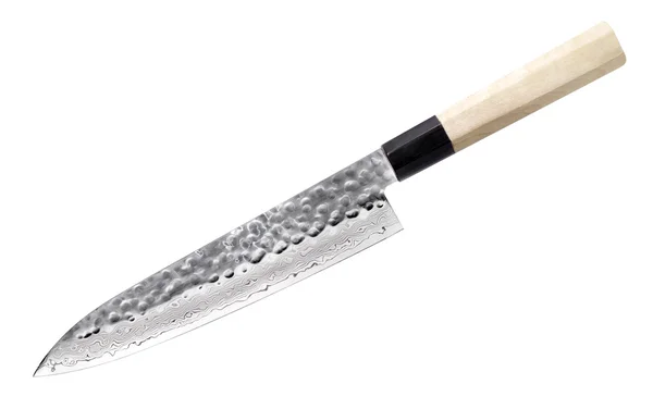 Japonês faca de cozinha gyuto com damasco martelado lâmina e trad — Fotografia de Stock