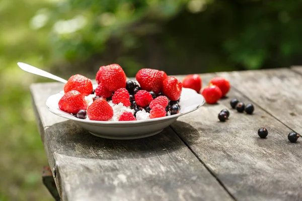 Desayuno al aire libre - requesón con bayas — Foto de Stock