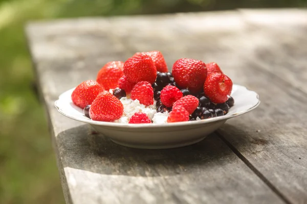 Open air breakfast - cottage cheese with berries — Stock Photo, Image