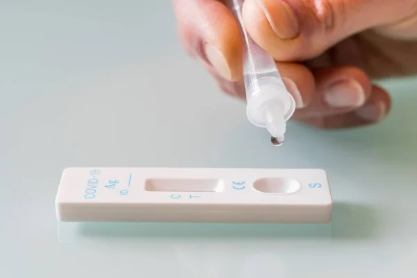 Drop of a test material in a rapid test cassettee  for covid-19 antigen test. Medical care concept