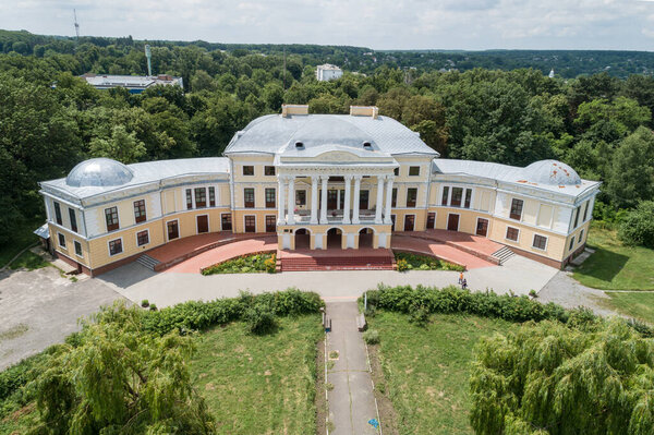 Aerial summer view of Groholsky Palace in Voronovytsa village in Vinnytsa region, Ukraine, 2021. Travel spots and  destinations in Ukraine.