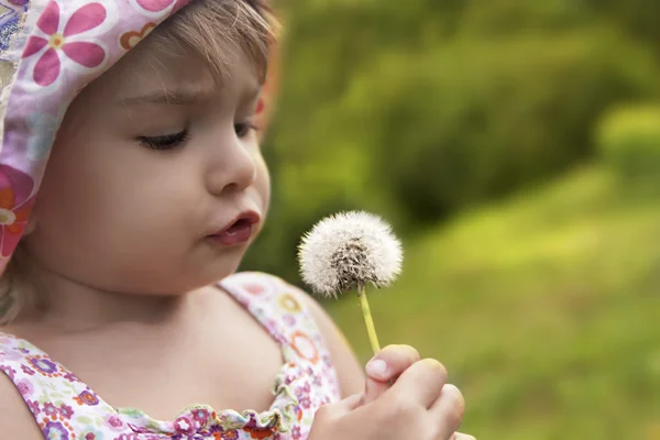 Kid Blowing On A Dandelion — Stock Photo, Image