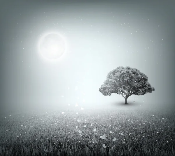 Été, Champ, Ciel, Arbre, Herbe, Lune, Soir — Image vectorielle