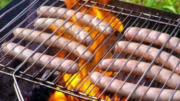 Bratwurst worsten koken op een houten barbecue. — Stockvideo