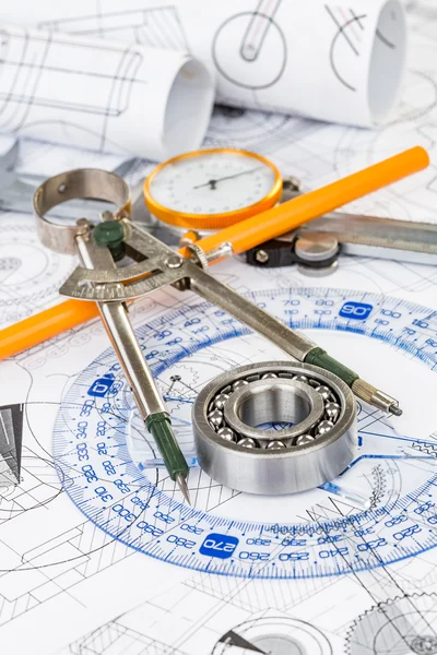 Ball bearings on technical drawing — Stock Photo, Image