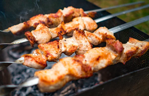 metal şiş üzerinde ateşli şiş kebap