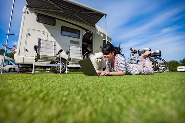 Woman on the grass with a dog looking at a laptop