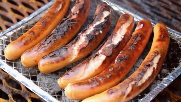 Saucisses Grillées Sur Grille Barbecue Jetable — Video