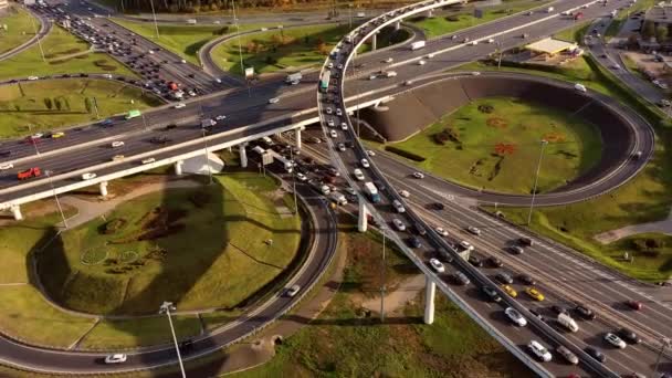 Aerial View Freeway Intersection Traffic Trails Moscow — Stock Video