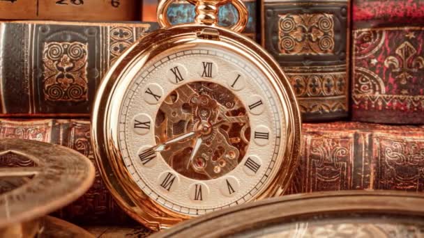 Vintage Montre Poche Fond Vintage Concept Histoire Temps — Video